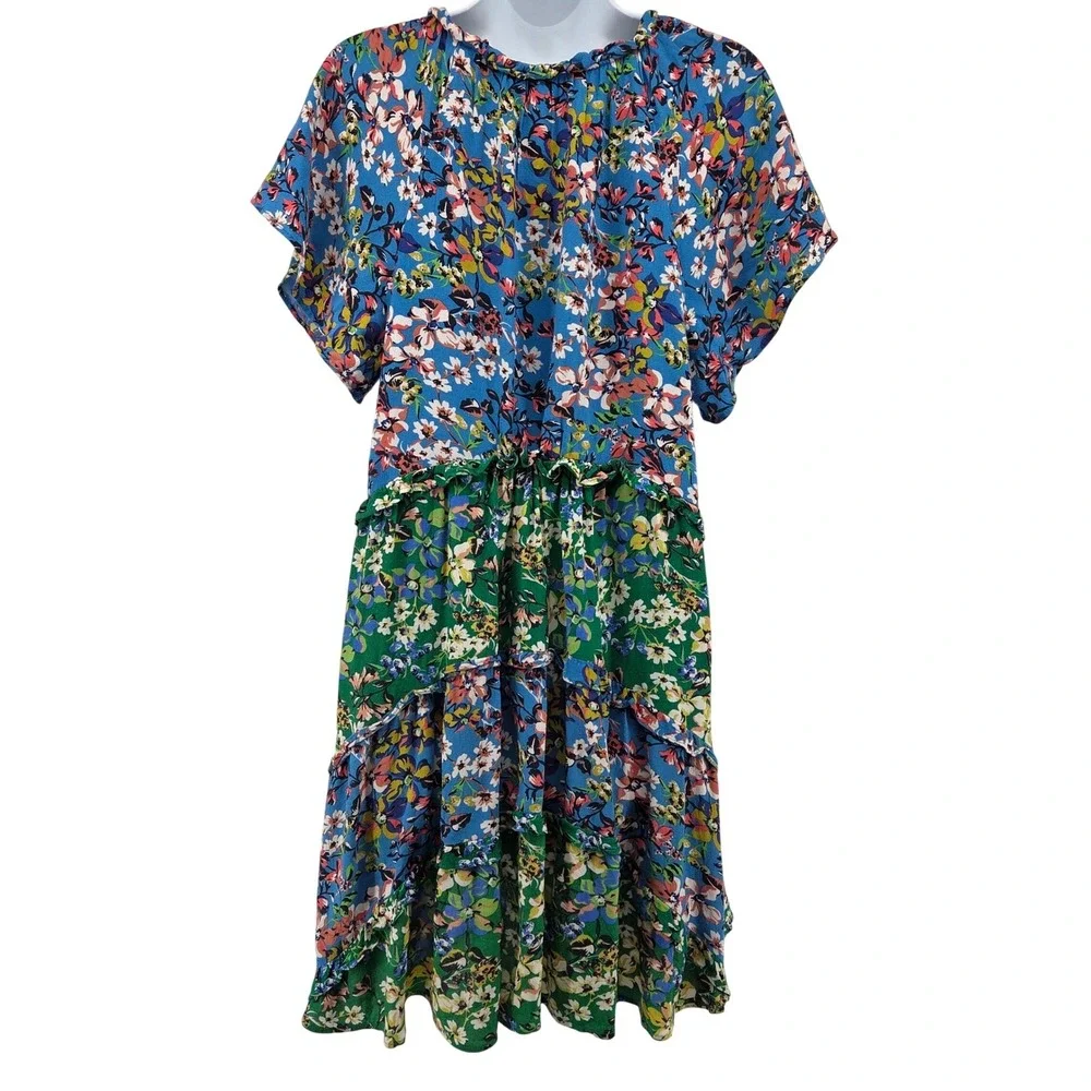 Anthropologie Robin Tiered Mini Dress Blue Green Floral Boho Cottagecore S
